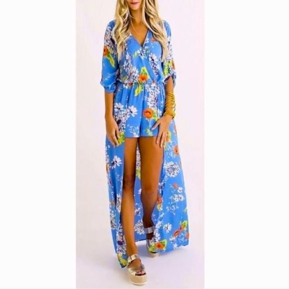 Karlie Blue Floral Wrap Romper Duster Small
